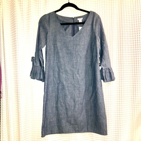 NWT JCrew Chambray Ruffle Tie Sleeve Dress, 2 - Picture 2 of 5